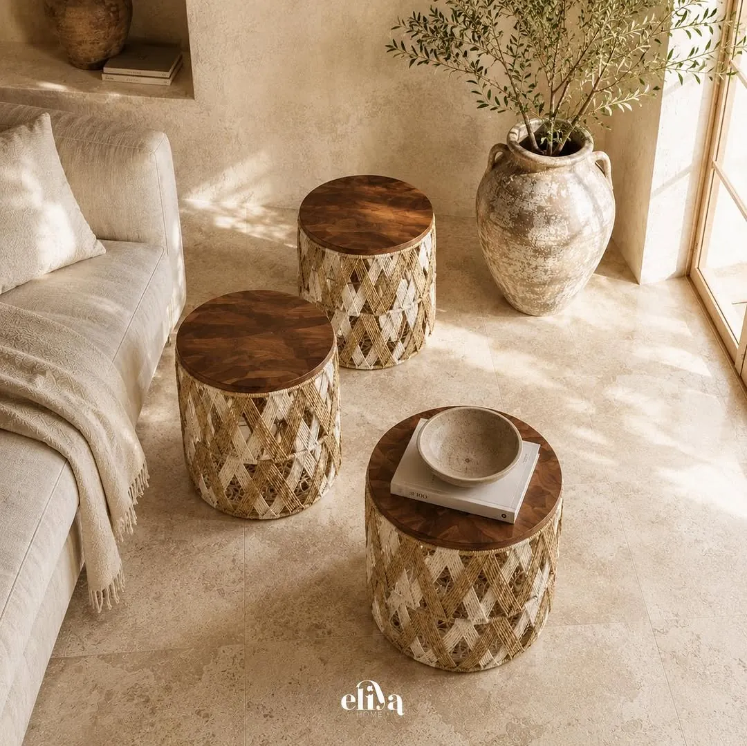 Three-Piece Macramé and Natural Wood Table Set