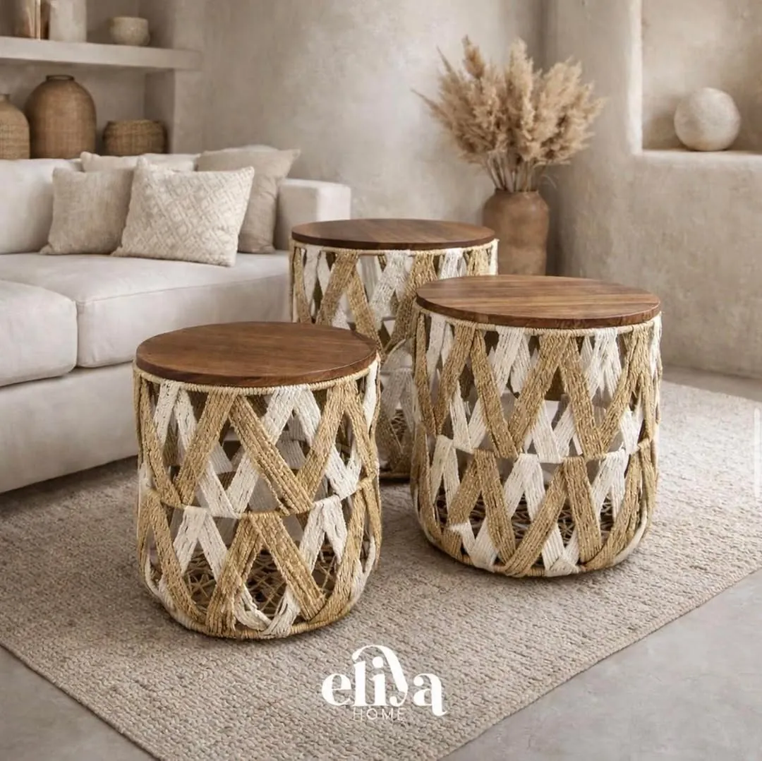 Three-Piece Macramé and Natural Wood Table Set