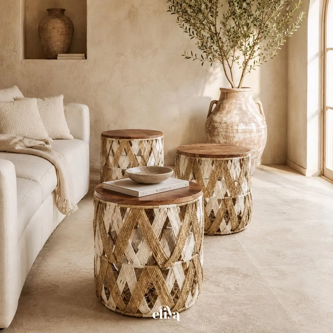 Three-Piece Macramé and Natural Wood Table Set