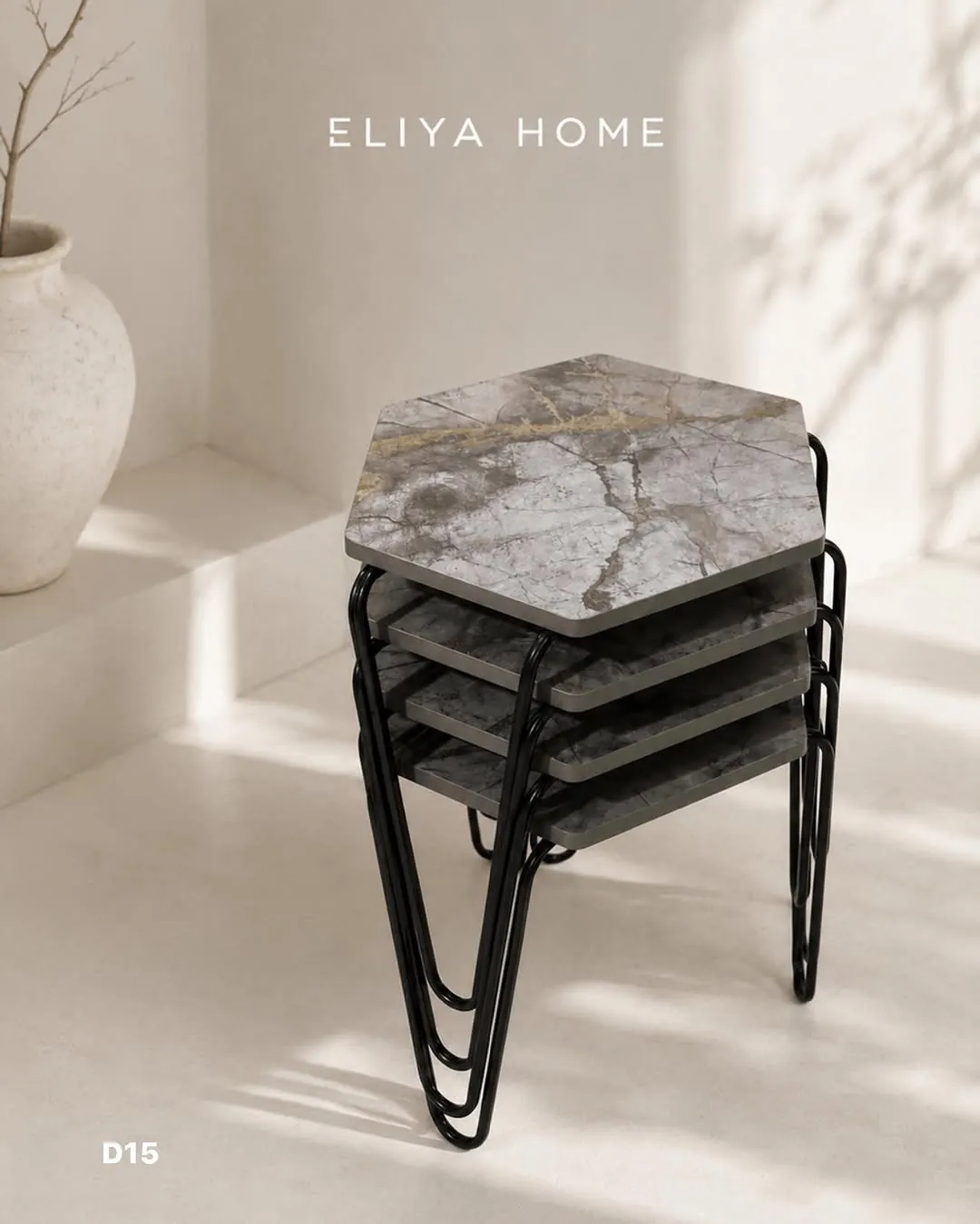 Hexagonal Wooden Table Set (4 Pieces)