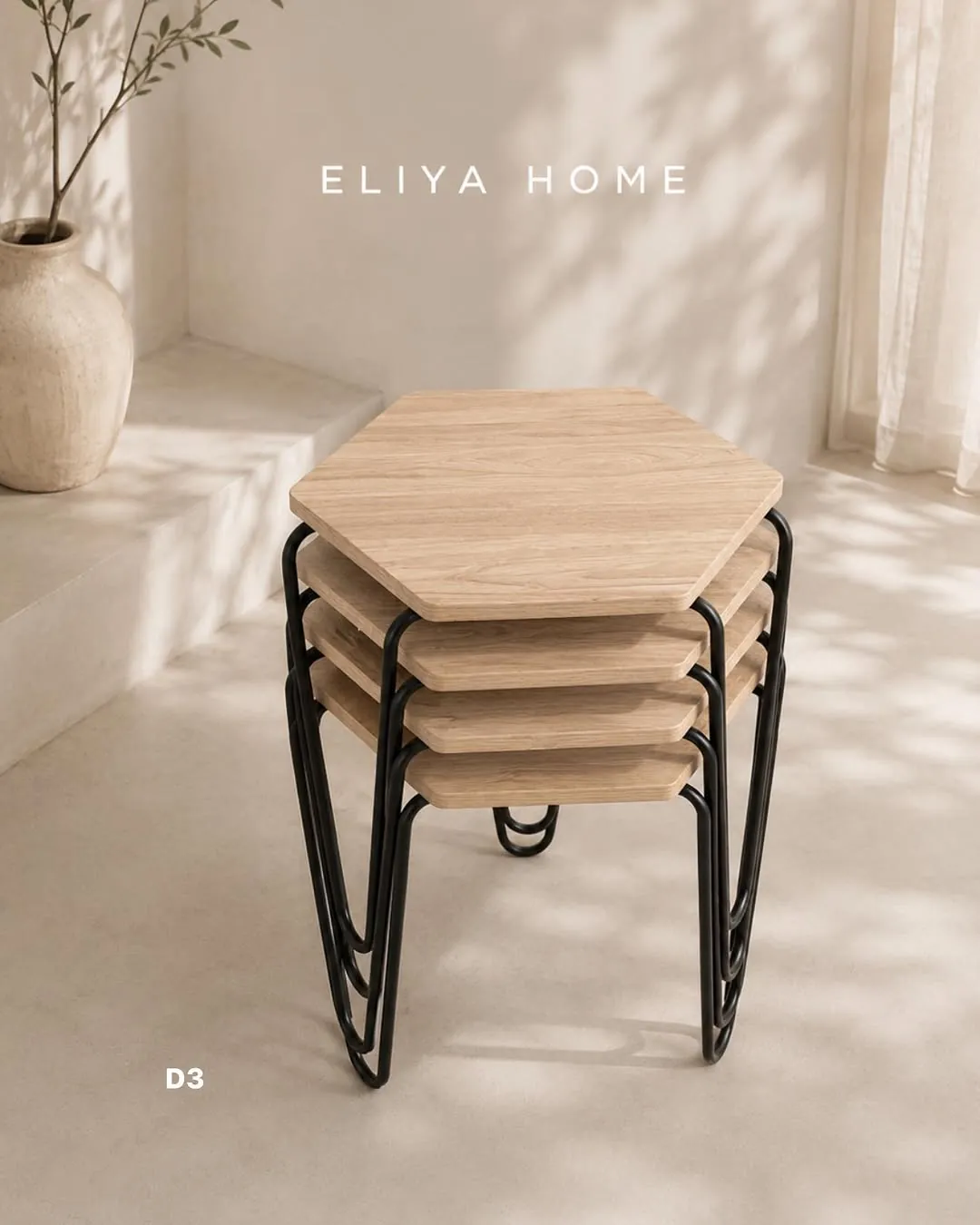Hexagonal Wooden Table Set (4 Pieces)