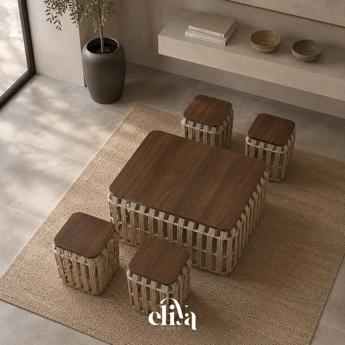 Table and 4 Side Tables Set