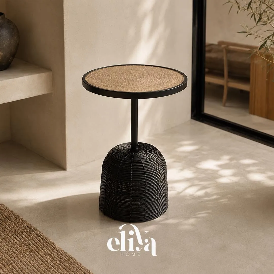 Natural Wood Table with Wicker Legs