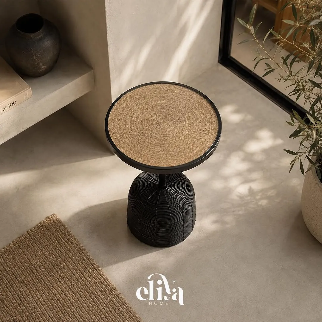 Natural Wood Table with Wicker Legs
