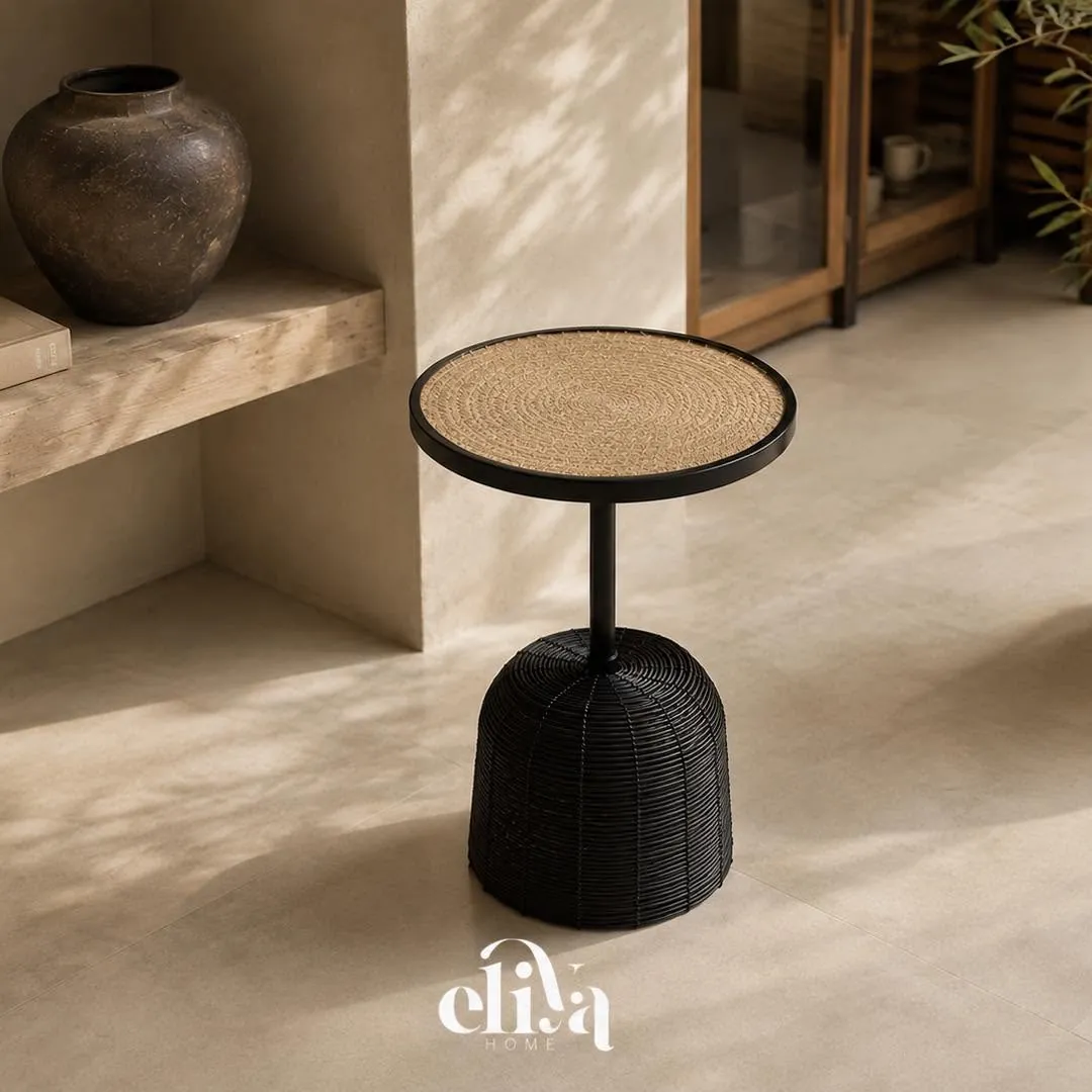 Natural Wood Table with Wicker Legs
