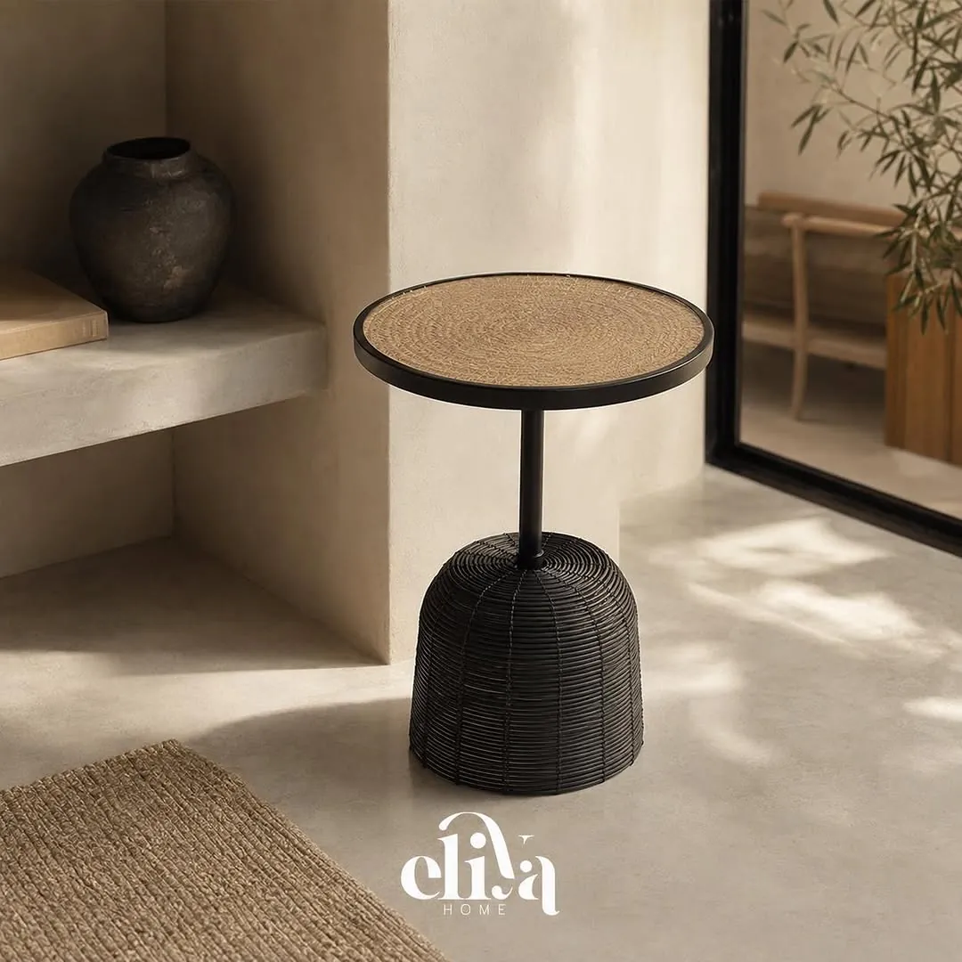 Natural Wood Table with Wicker Legs