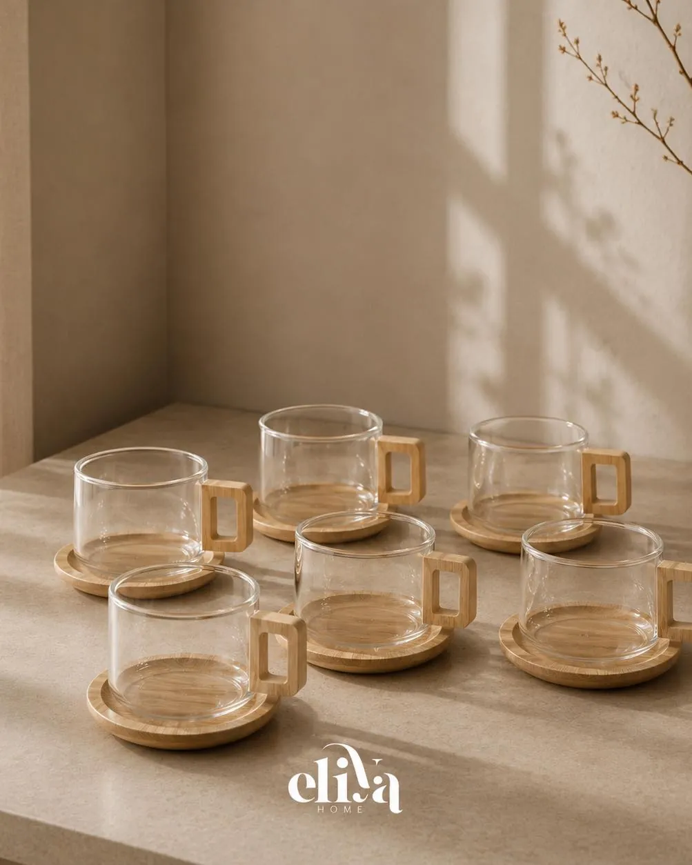 Glass Cup Set with Bamboo Bases