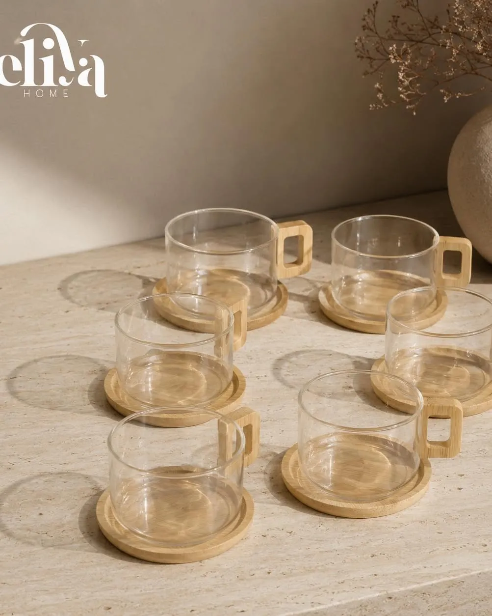 Glass Cup Set with Bamboo Bases