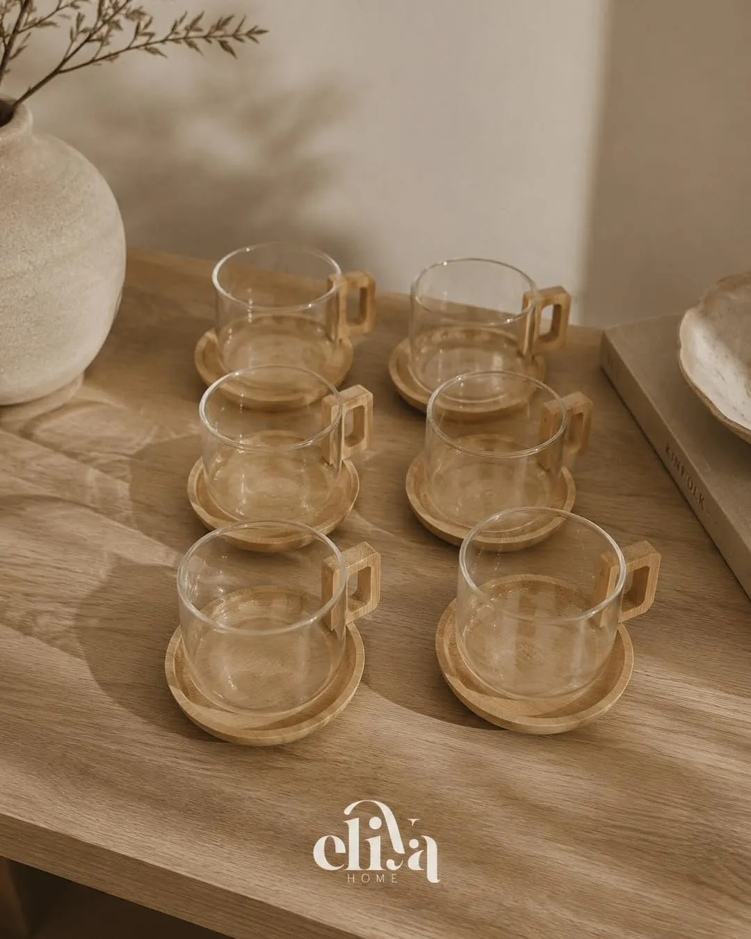 Glass Cup Set with Bamboo Bases