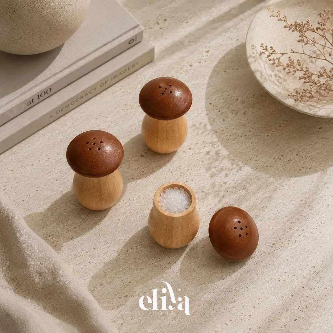 Three-Piece Mushroom-Shaped Wooden Salt Shaker Set
