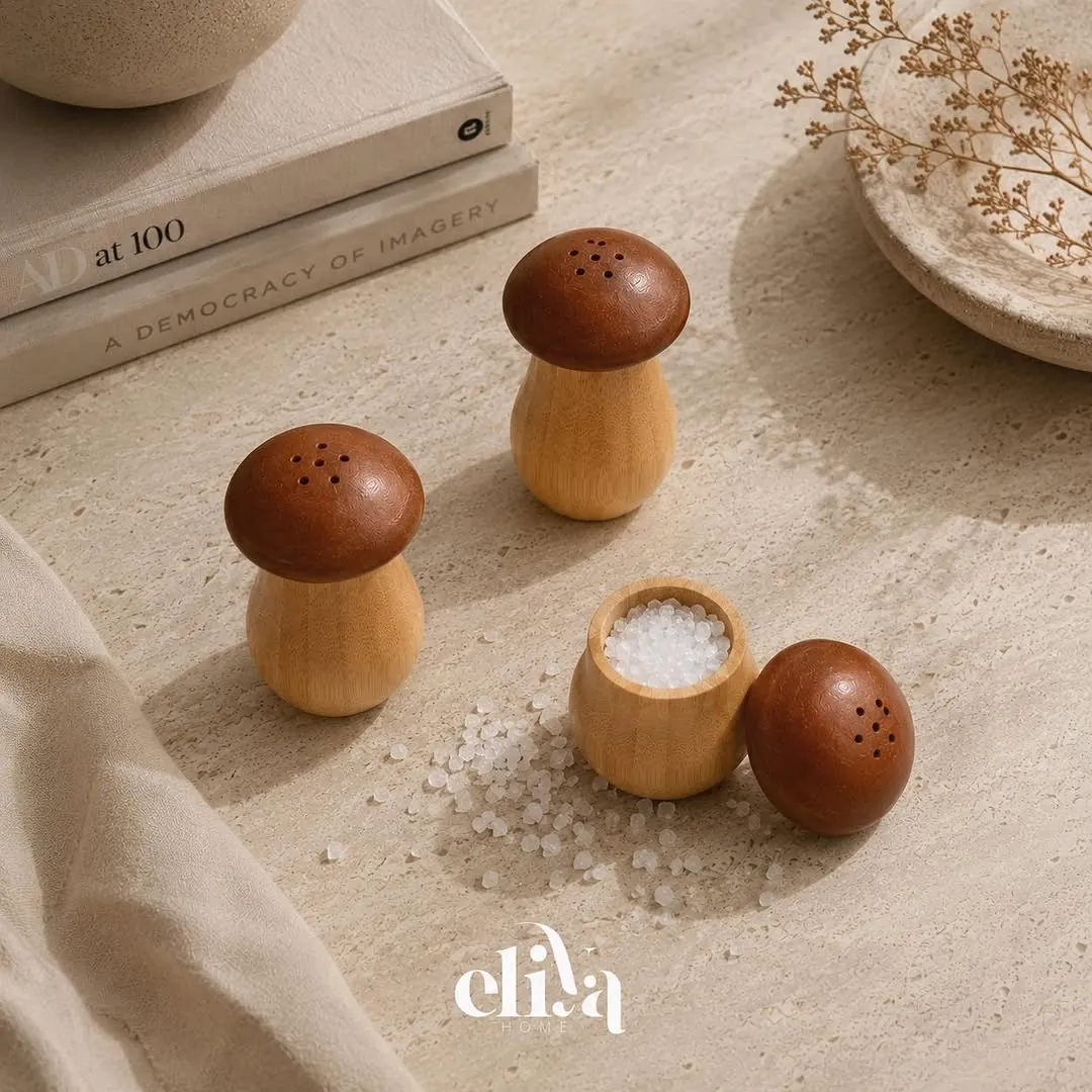 Three-Piece Mushroom-Shaped Wooden Salt Shaker Set