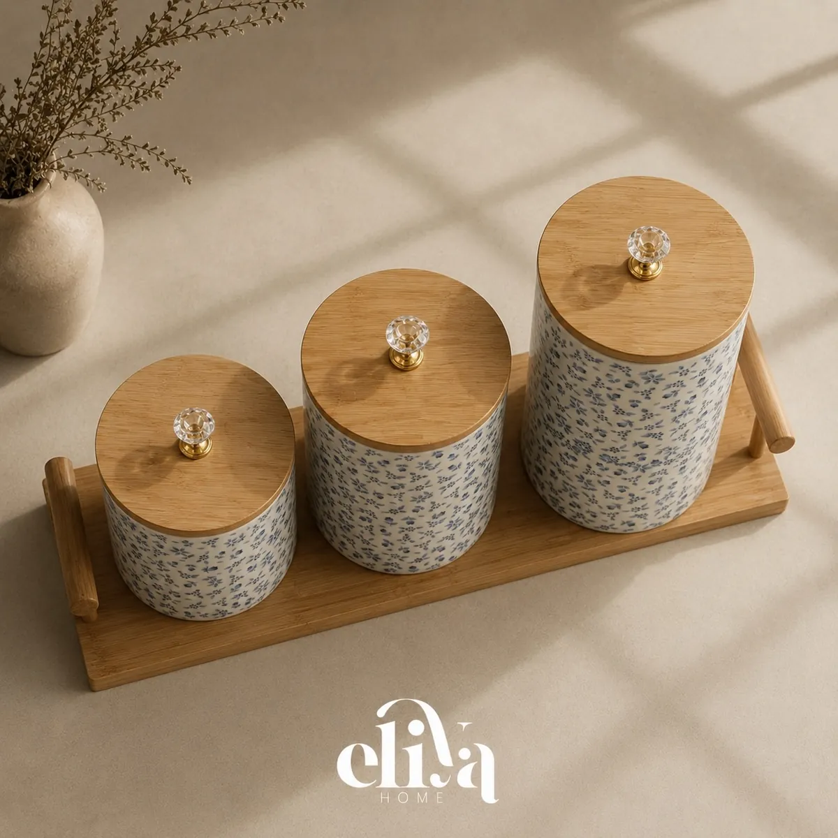 Three-Piece Farthenware Sugar Bowl Set with Wooden Tray