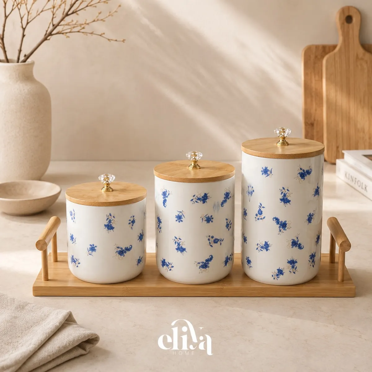 Three-Piece Farthenware Sugar Bowl Set with Wooden Tray