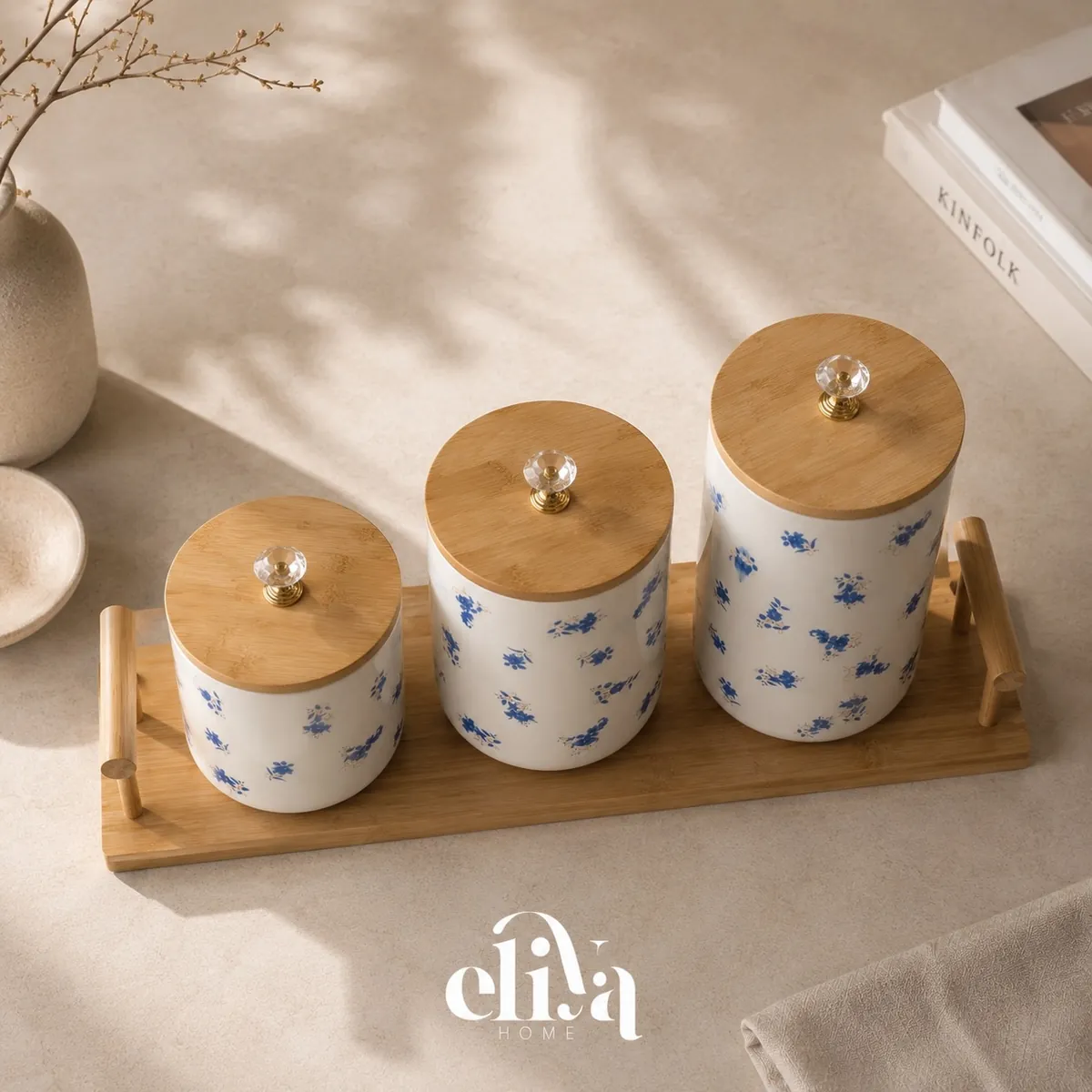Three-Piece Farthenware Sugar Bowl Set with Wooden Tray