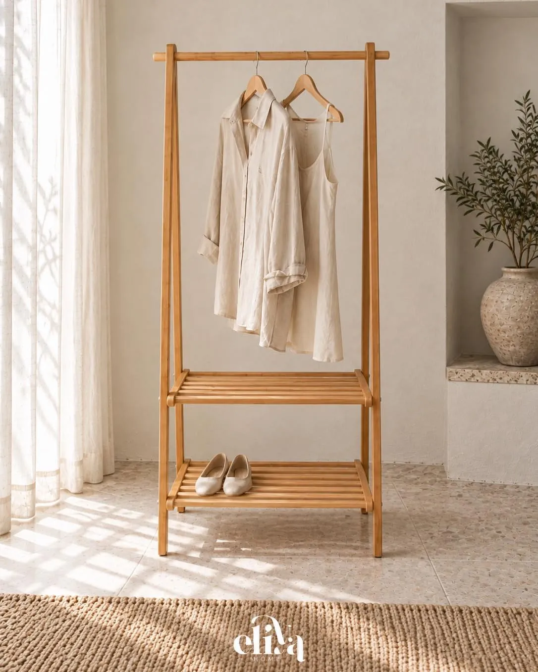 Bamboo Wood Clothing Stand and Shelves