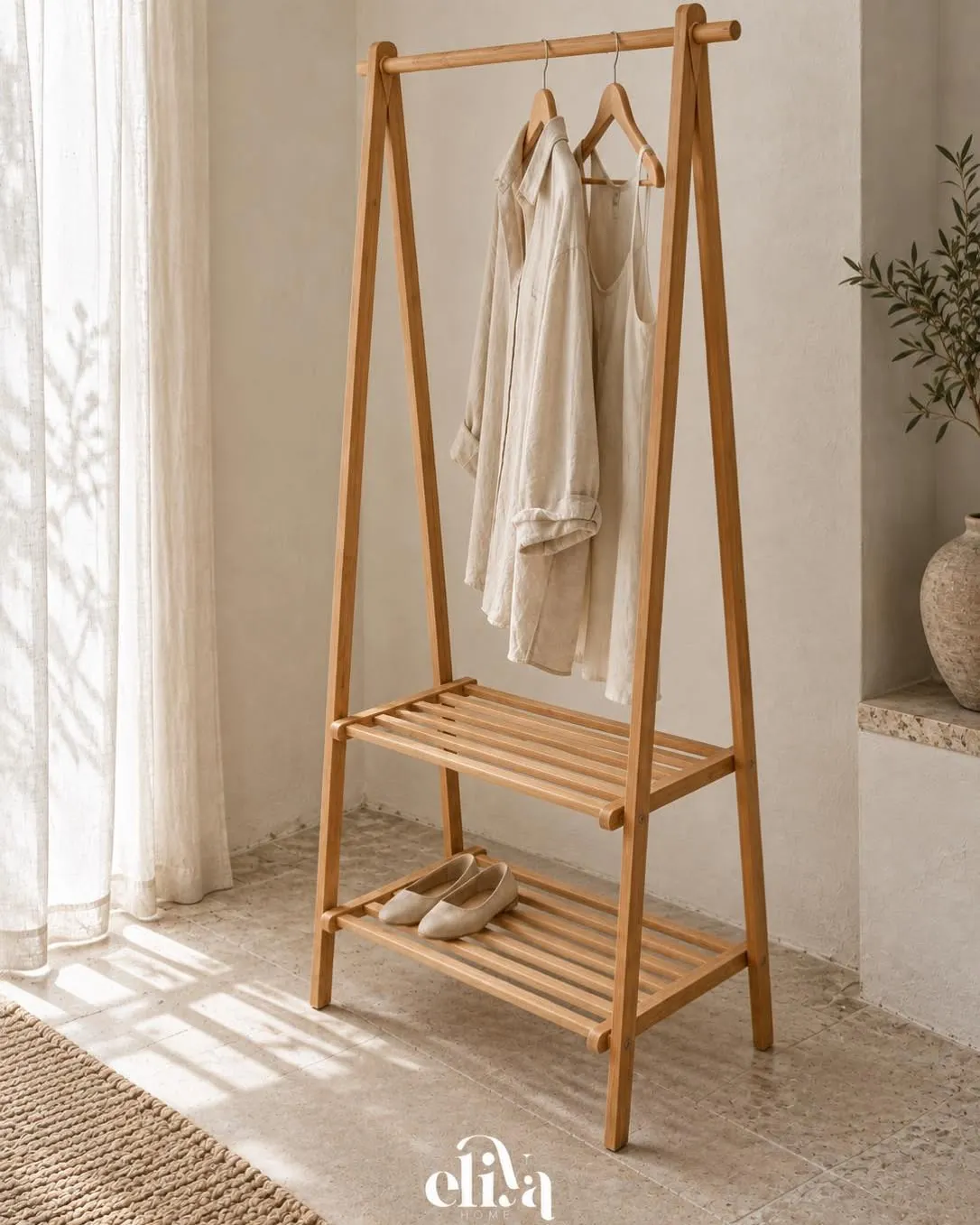 Bamboo Wood Clothing Stand and Shelves