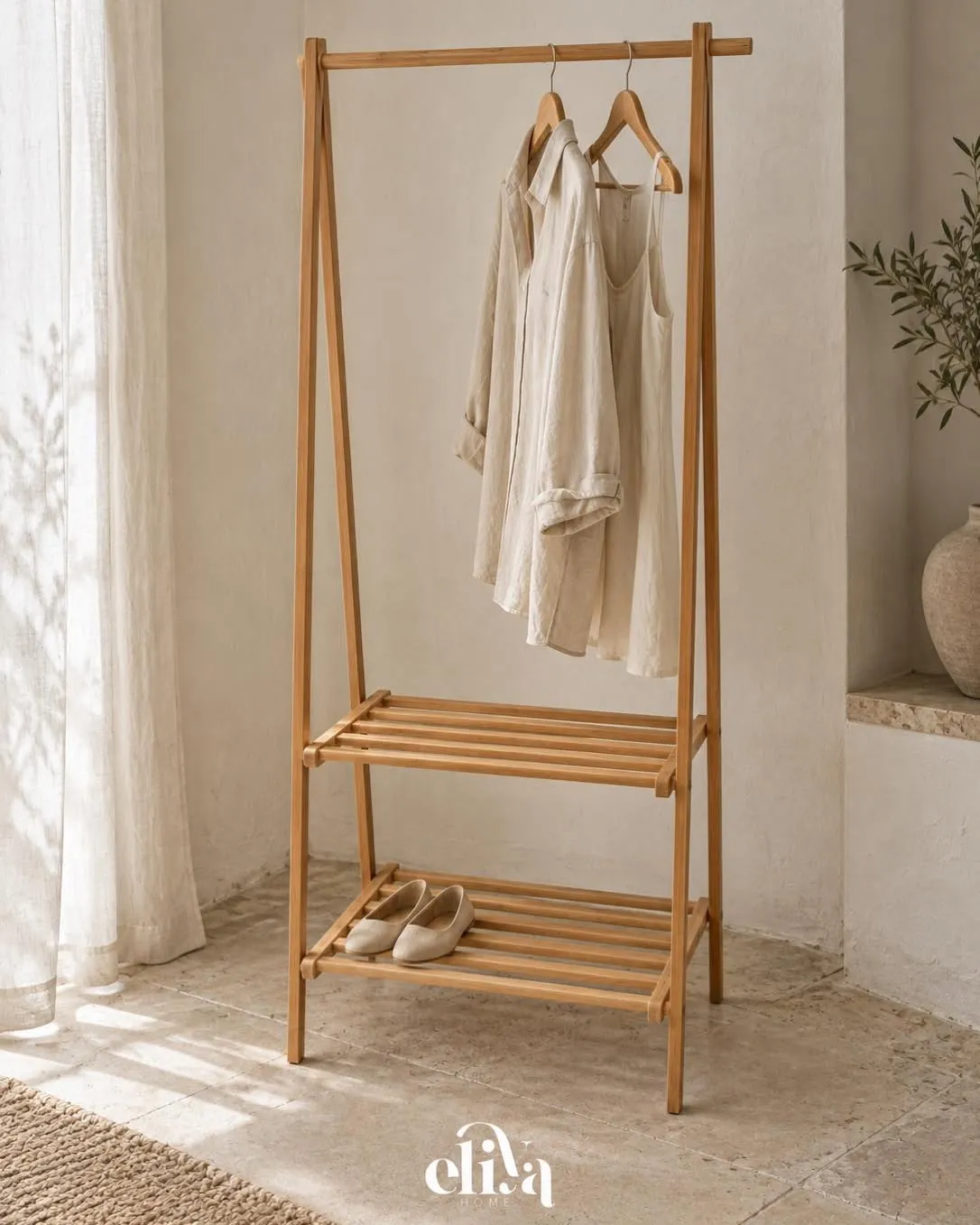 Bamboo Wood Clothing Stand and Shelves