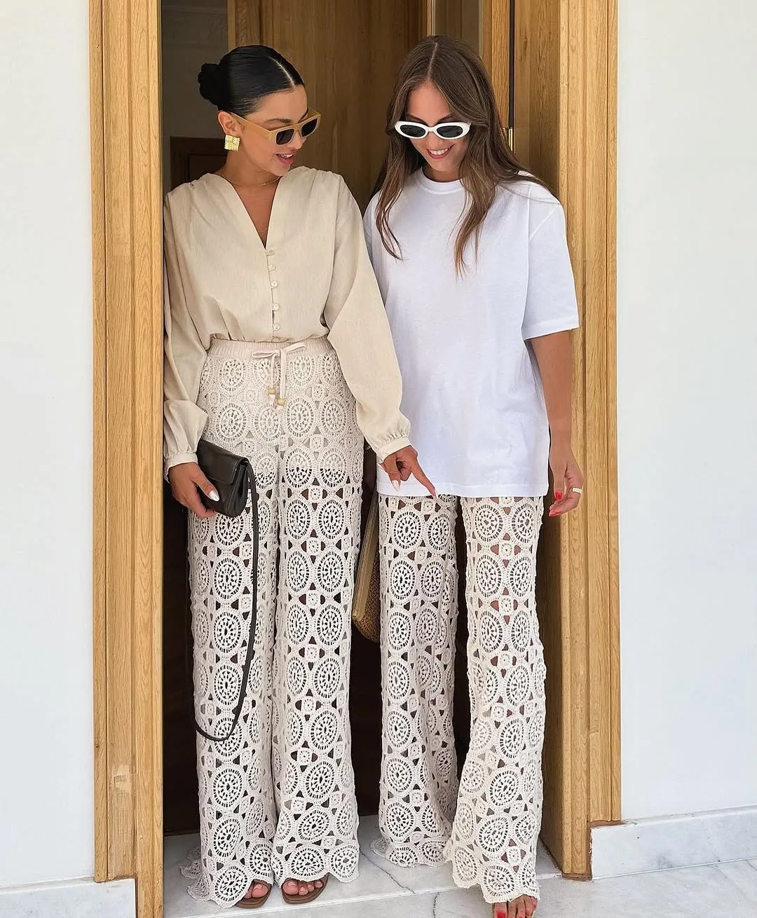 White Crochet Wide-Leg Pants