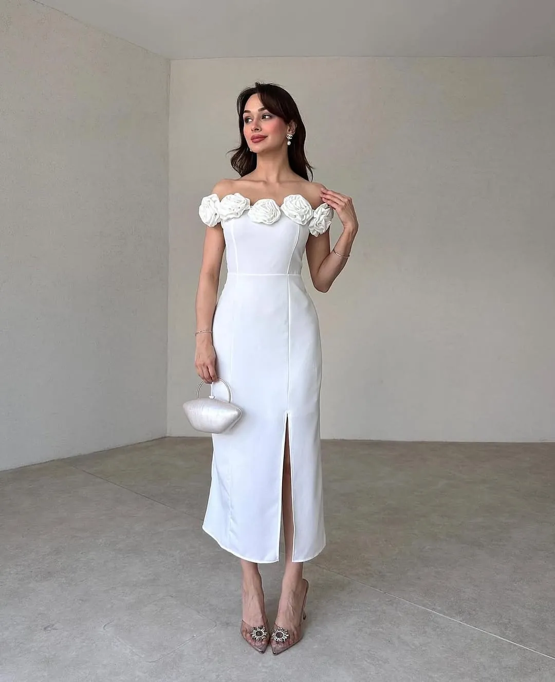 White Off-Shoulder Floral Midi Dress