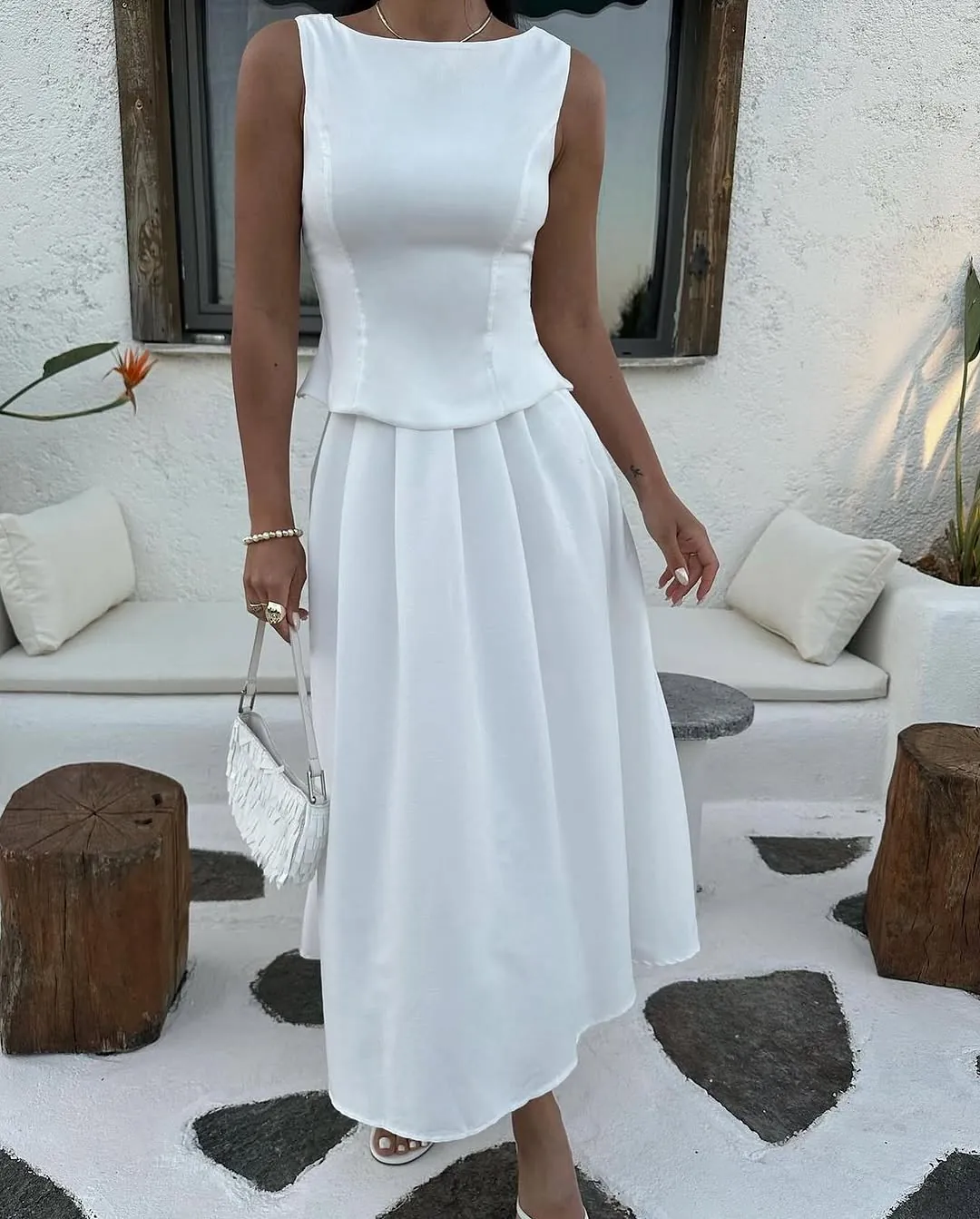 White Sleeveless Midi Dress