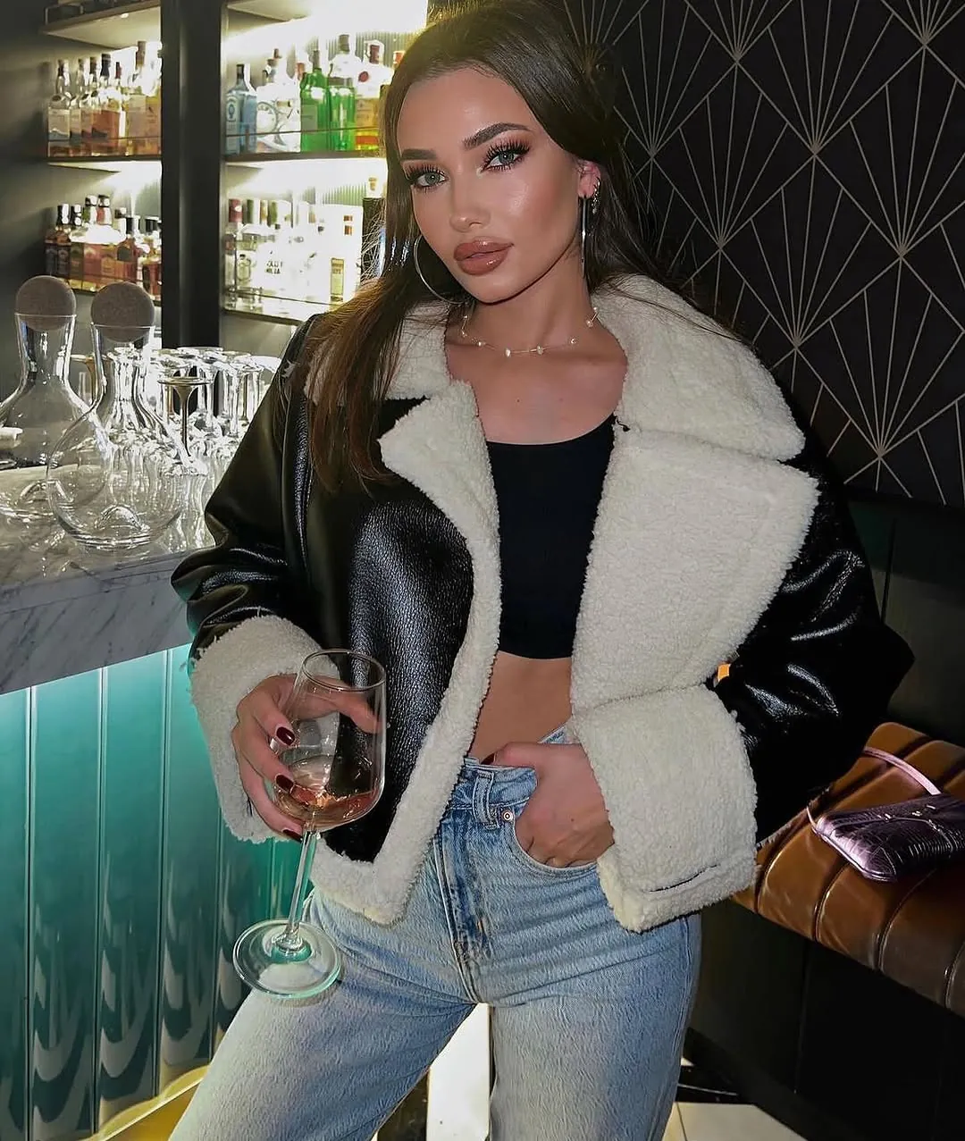 Women's Black and White Sherpa Leather Jacket
