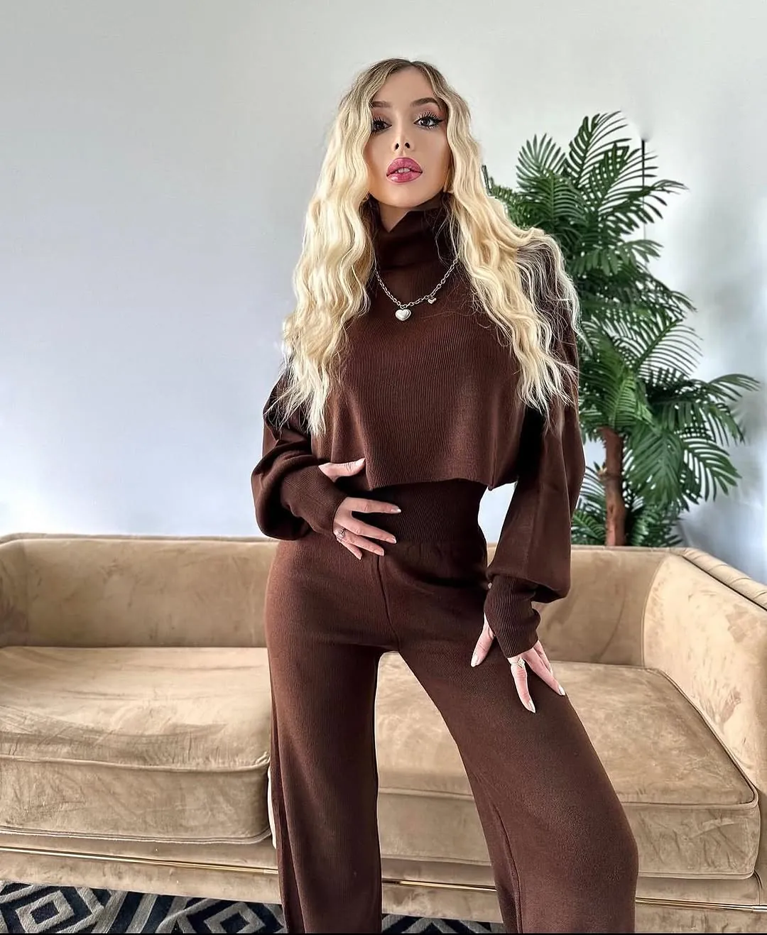 Brown Ribbed Knit Two-Piece Set