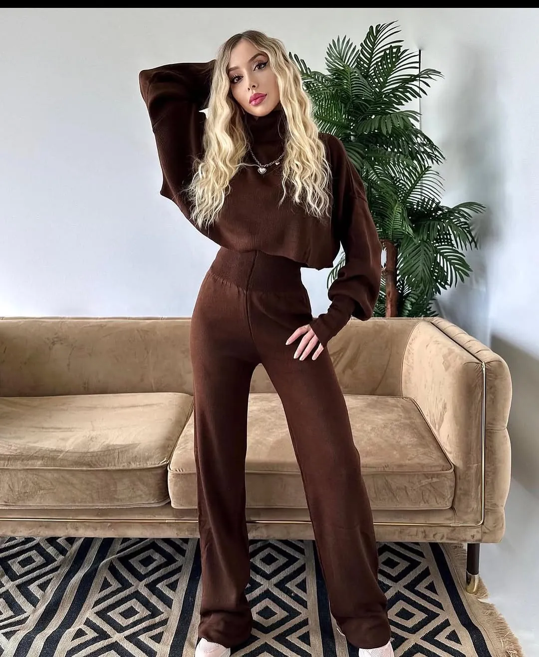 Brown Ribbed Knit Two-Piece Set