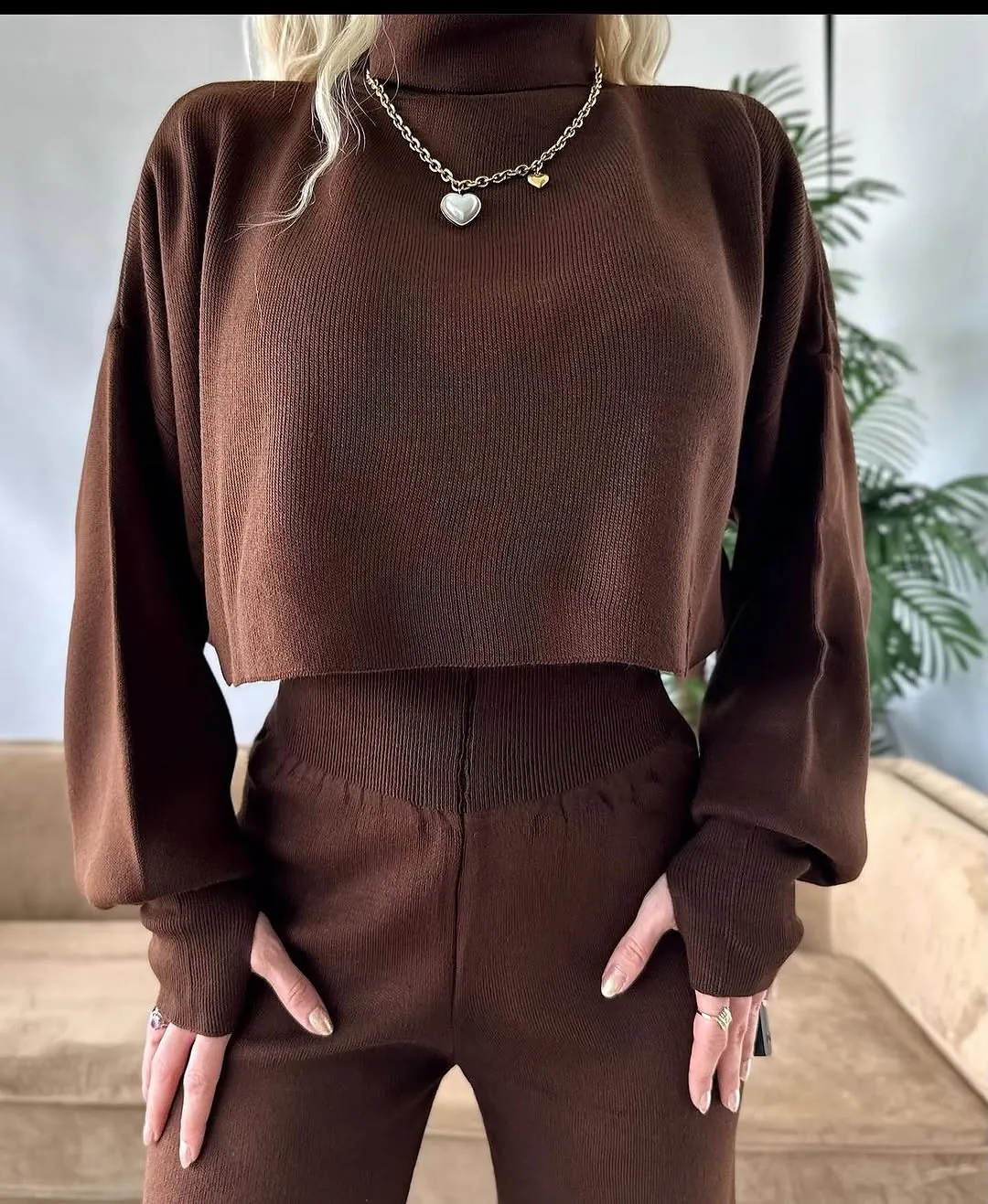 Brown Ribbed Knit Two-Piece Set