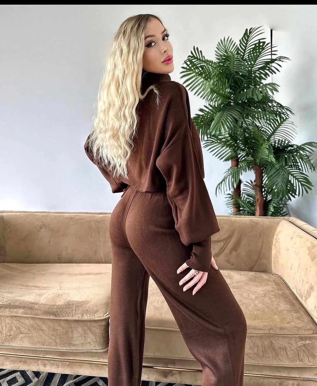 Brown Ribbed Knit Two-Piece Set