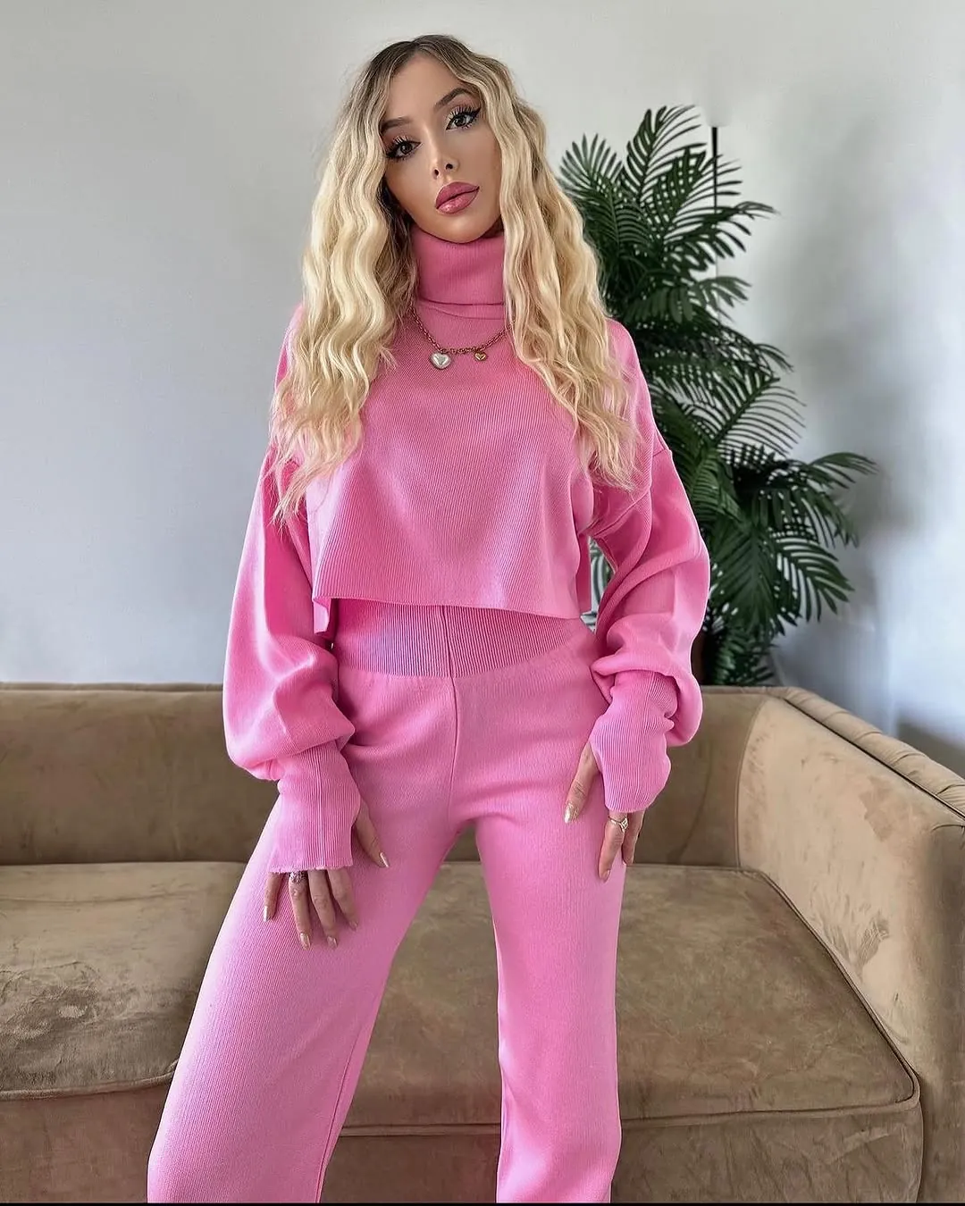 Pink Ribbed Knit Two-Piece Set