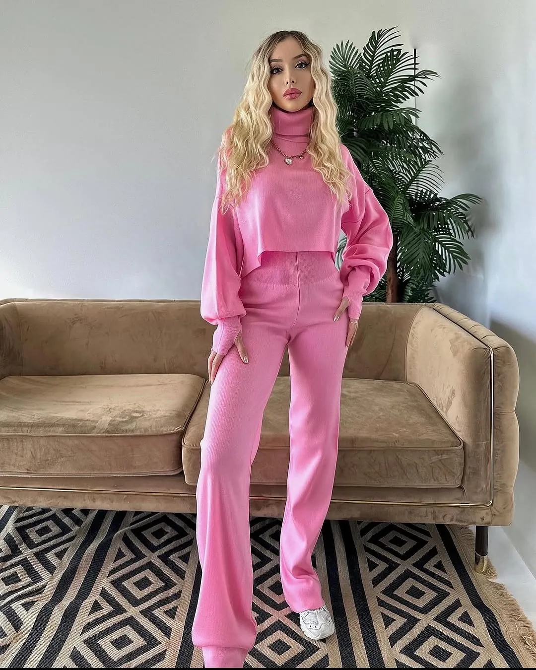 Pink Ribbed Knit Two-Piece Set