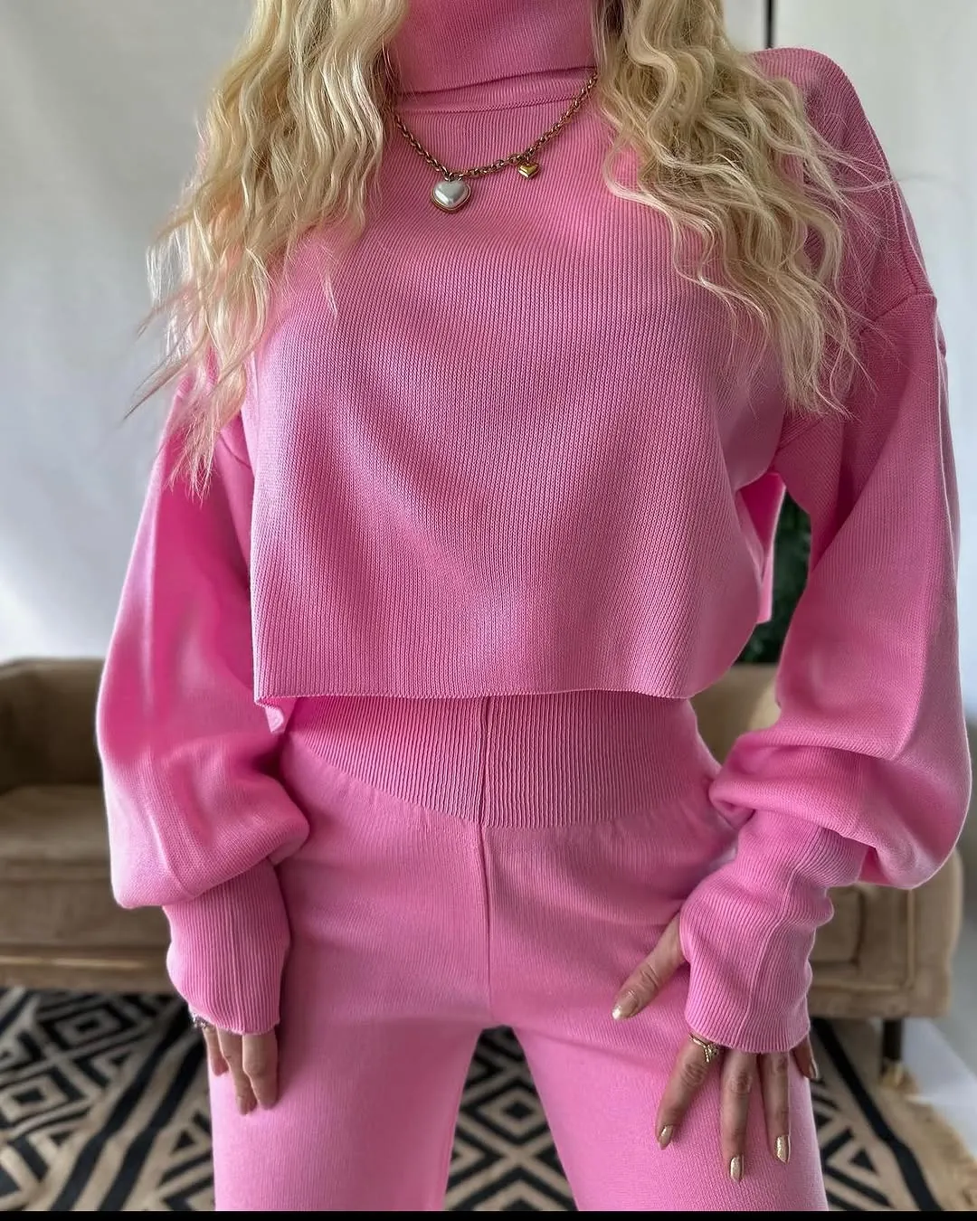 Pink Ribbed Knit Two-Piece Set