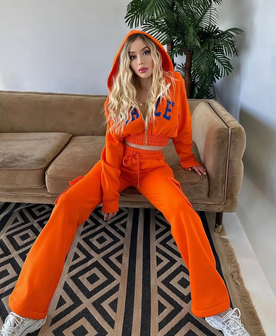 Orange Zip-Up Hoodie and Cargo Pants Tracksuit