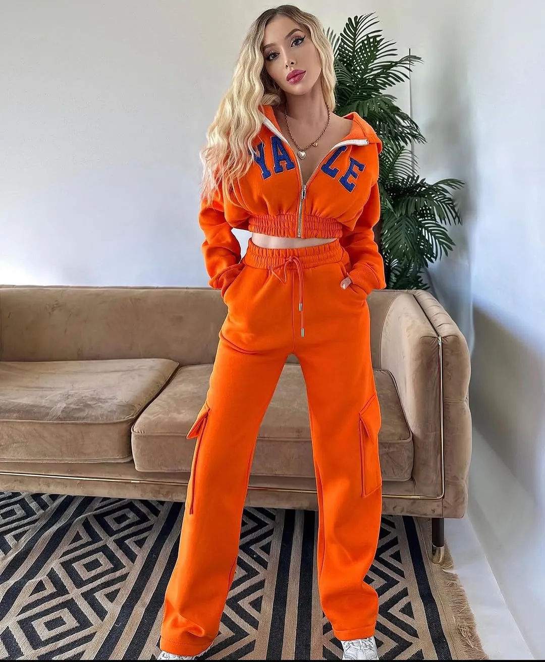 Orange Zip-Up Hoodie and Cargo Pants Tracksuit