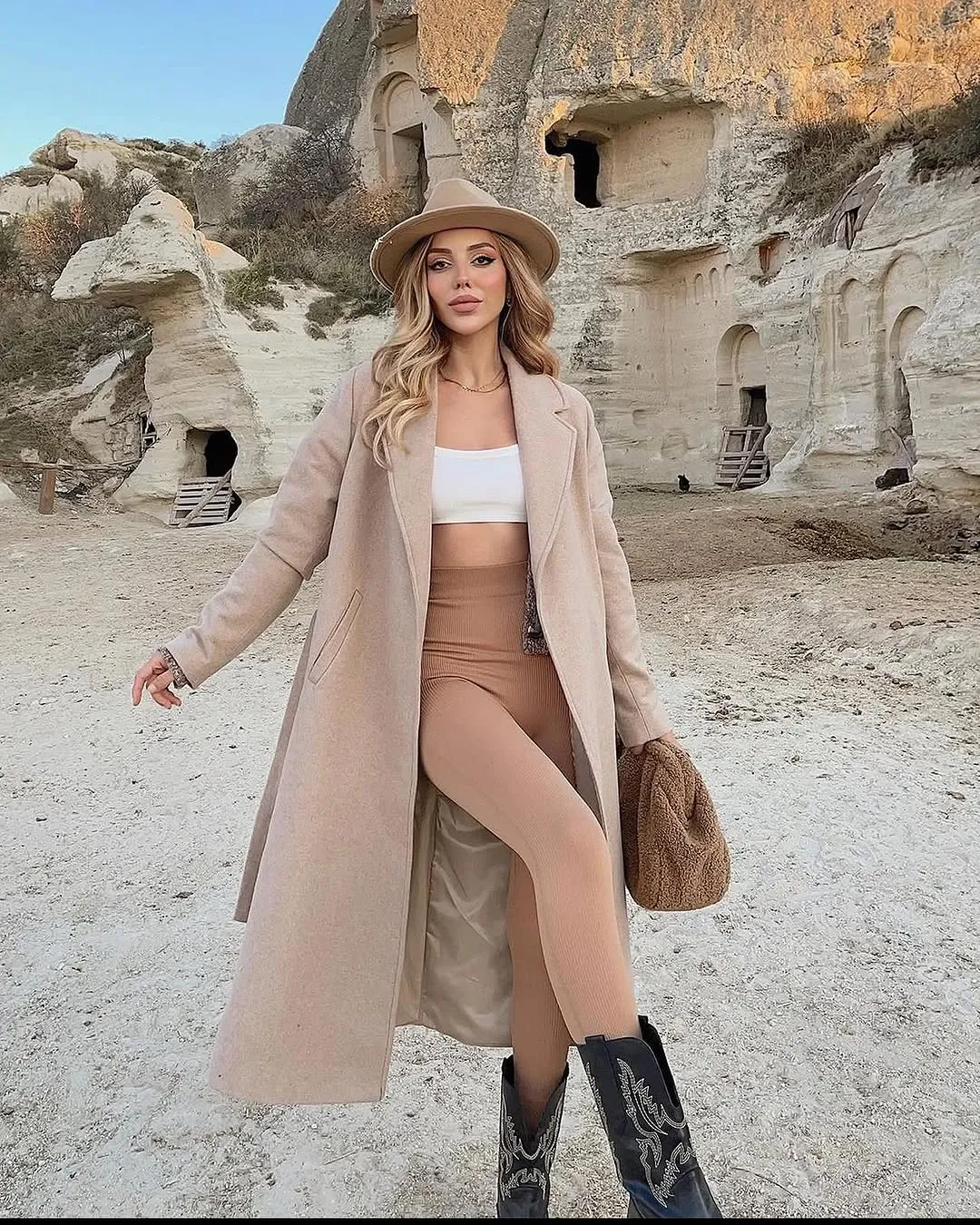 Women's Beige Long Coat and Skirt Set