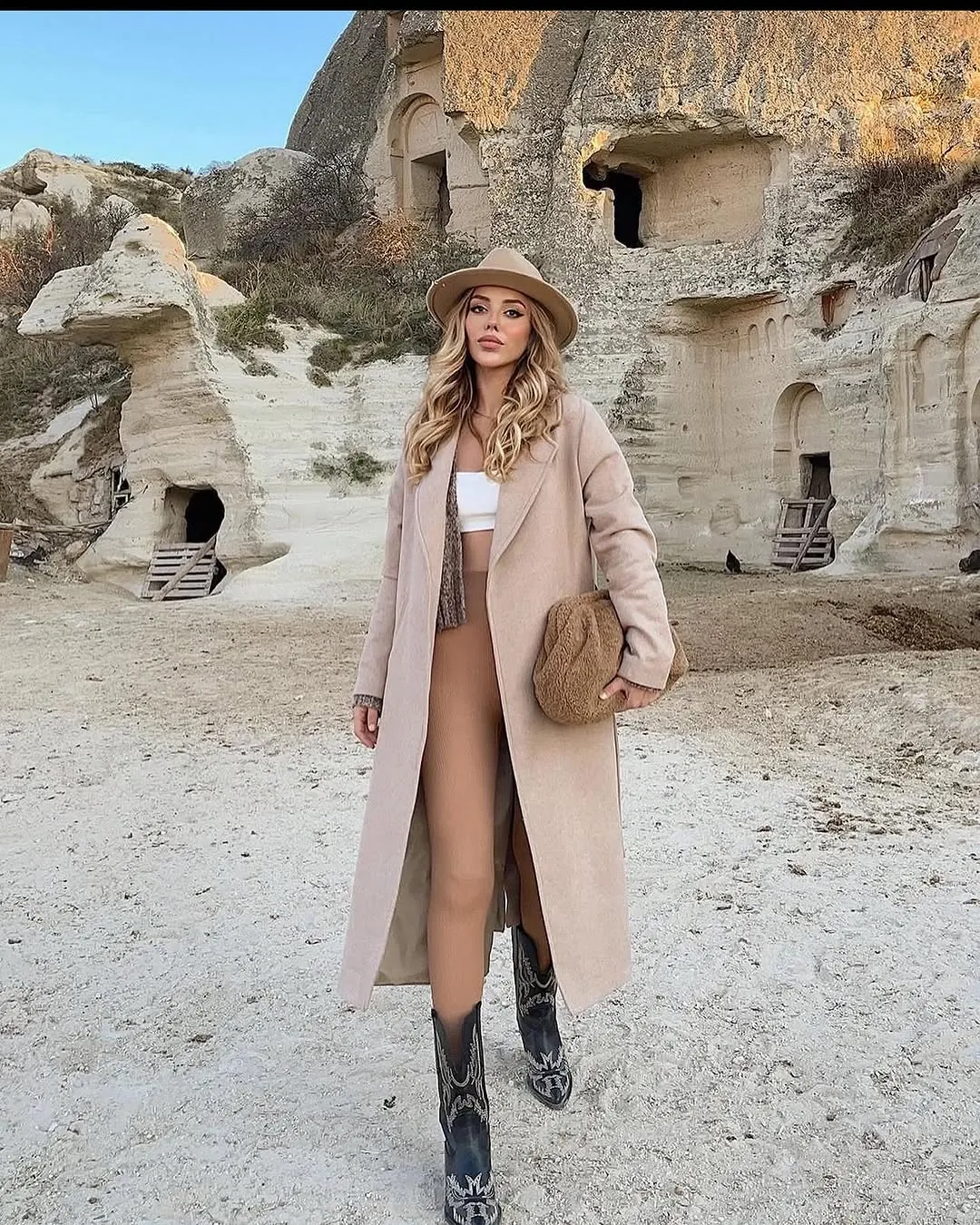 Women's Beige Long Coat and Skirt Set