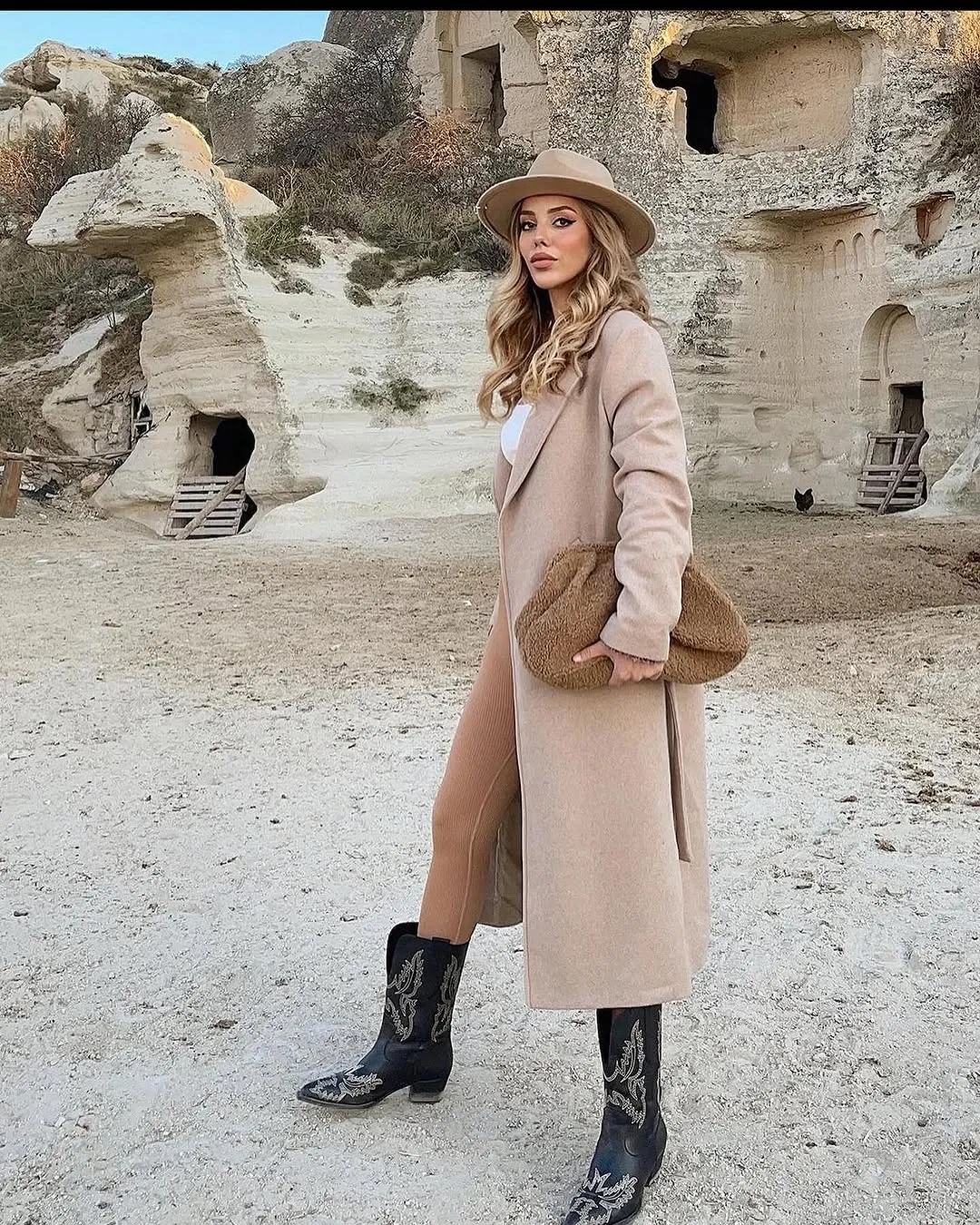 Women's Beige Long Coat and Skirt Set