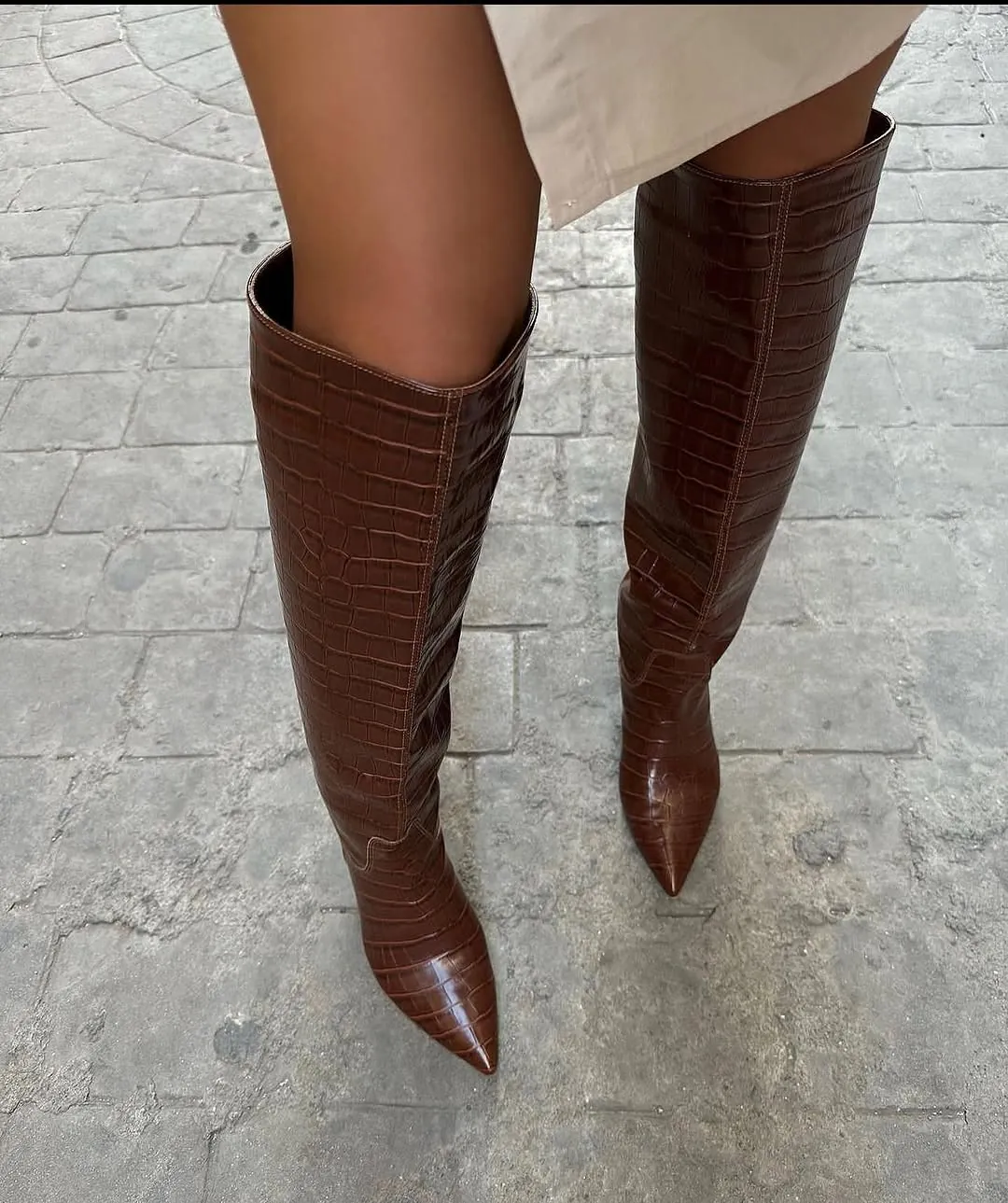 Brown Crocodile Texture Knee-High Boots