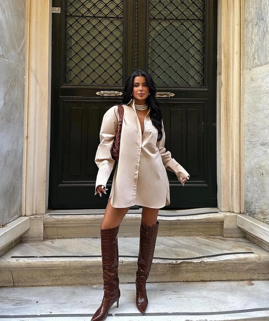 Brown Crocodile Texture Knee-High Boots