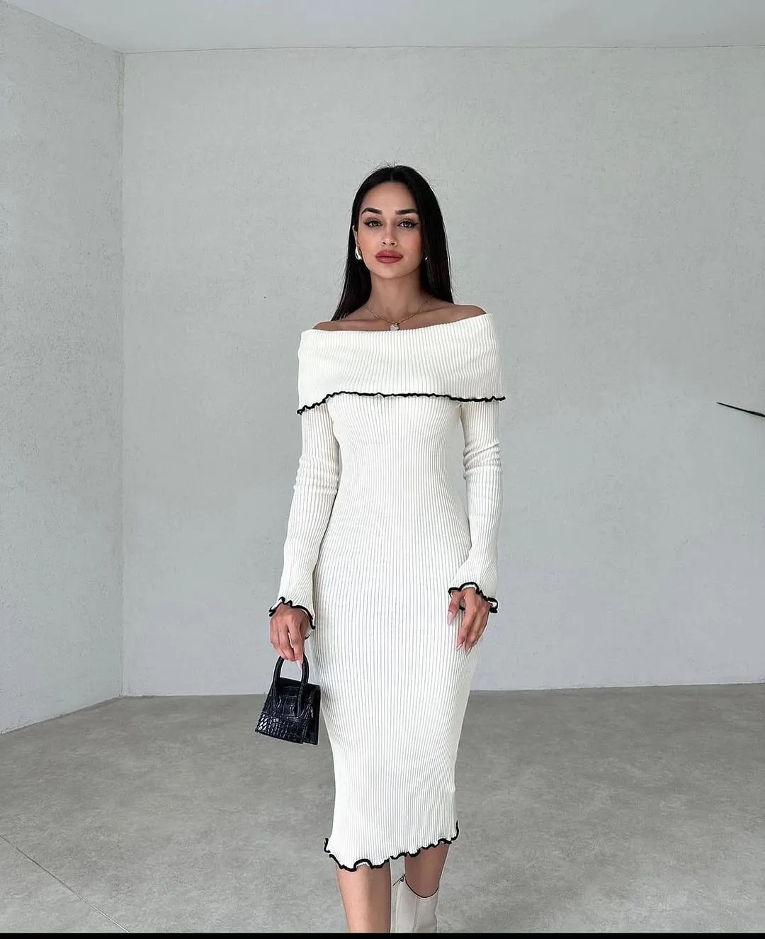 White Off-Shoulder Ribbed Knit Midi Dress