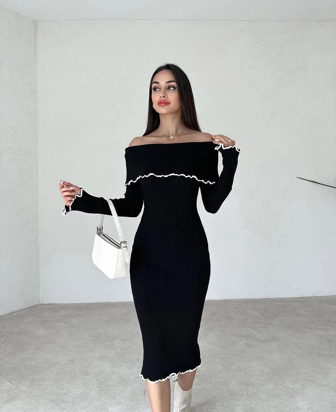 White Off-Shoulder Ribbed Knit Midi Dress