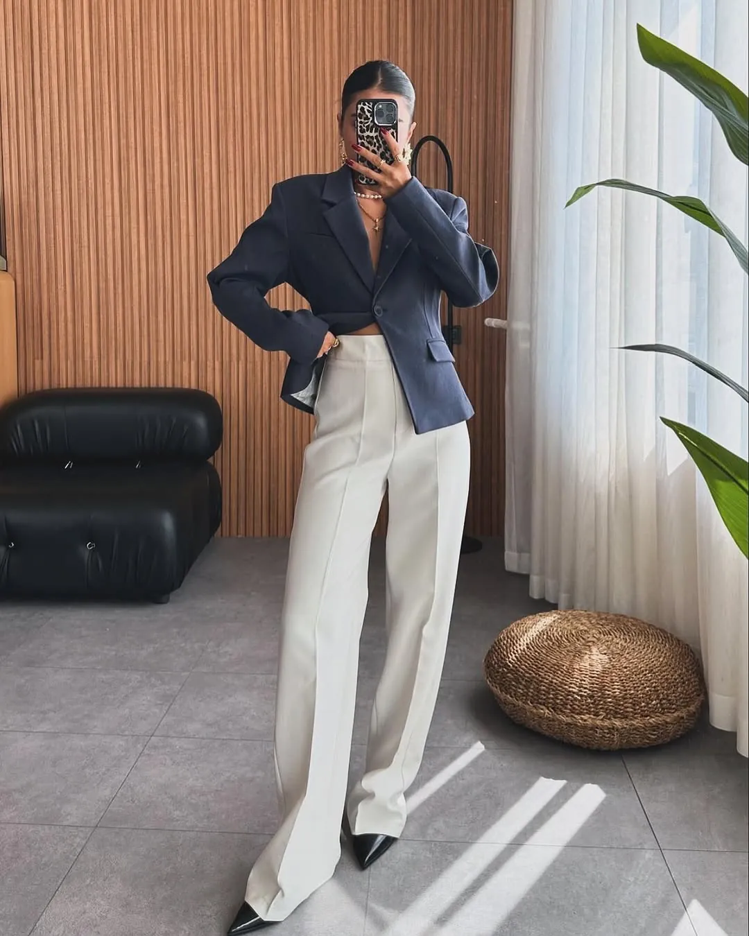 Navy Blue Cropped Blazer and White Wide-Leg Trousers
