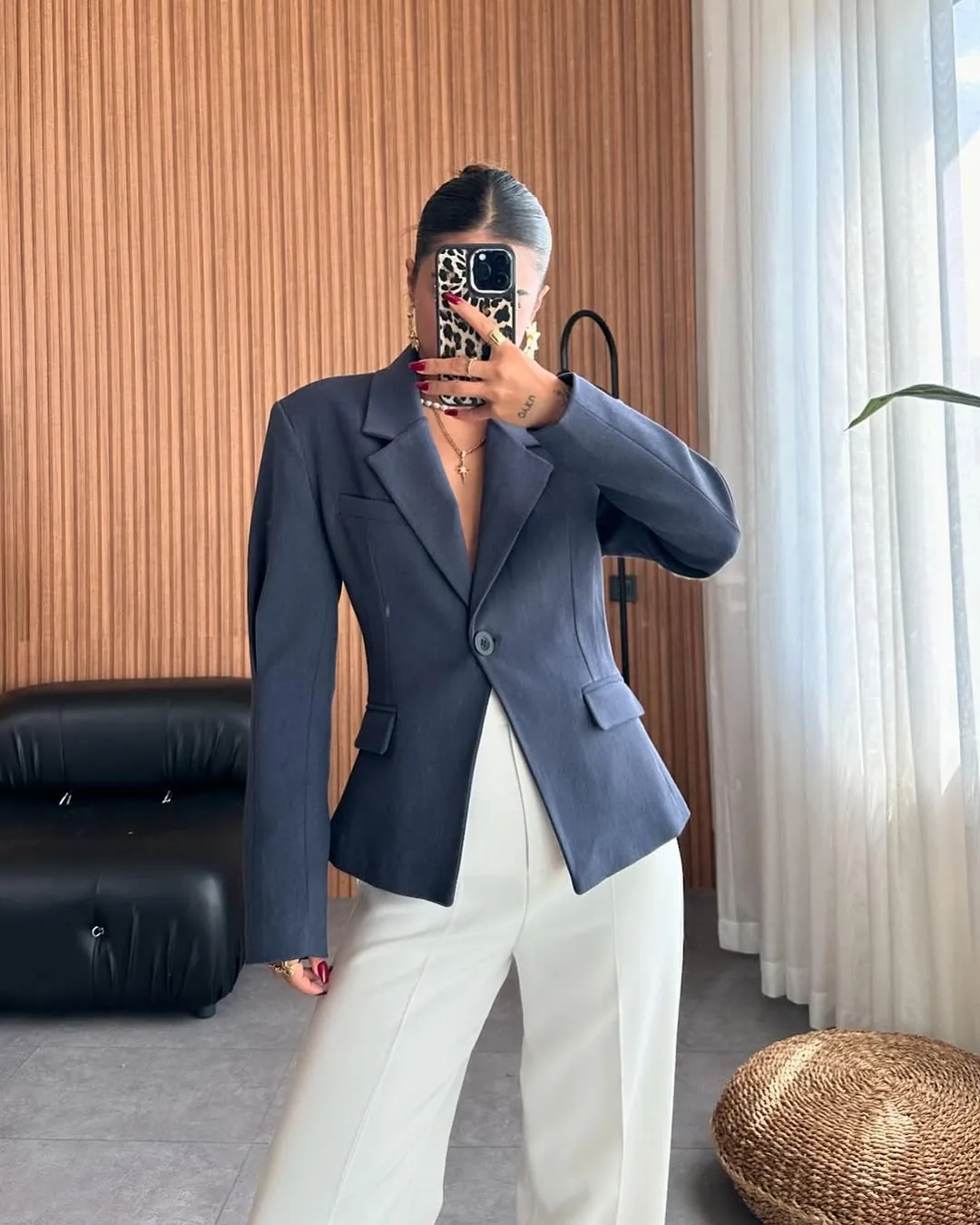 Navy Blue Cropped Blazer and White Wide-Leg Trousers
