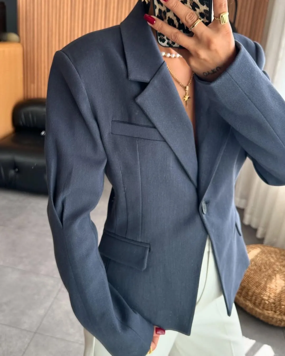 Navy Blue Cropped Blazer and White Wide-Leg Trousers