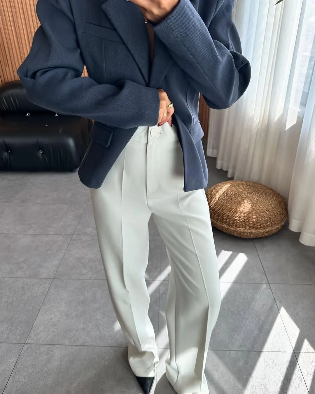 Navy Blue Cropped Blazer and White Wide-Leg Trousers