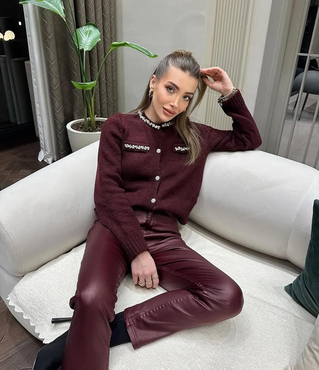 Women's Burgundy Winter Knit Cardigan and Leather Pants Set