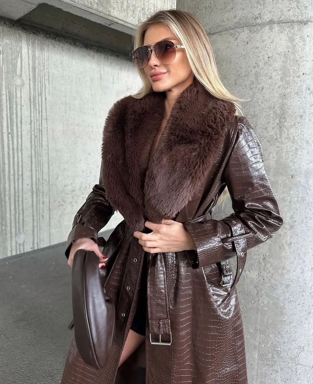 Women's Brown Faux Leather Trench Coat with Fur Collar