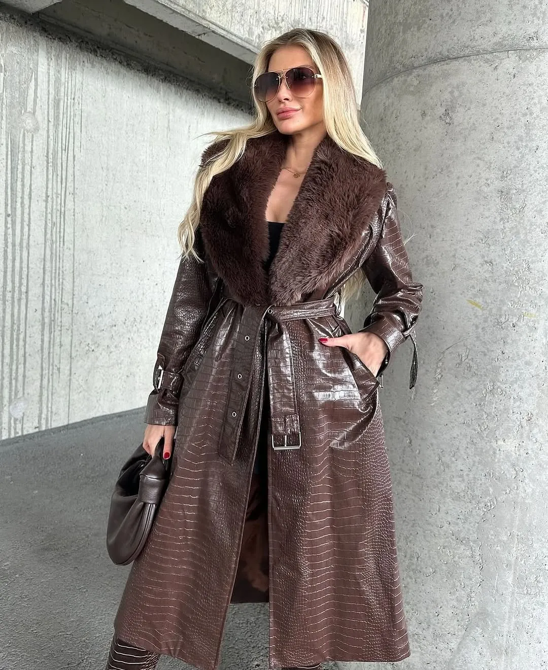 Women's Brown Faux Leather Trench Coat with Fur Collar