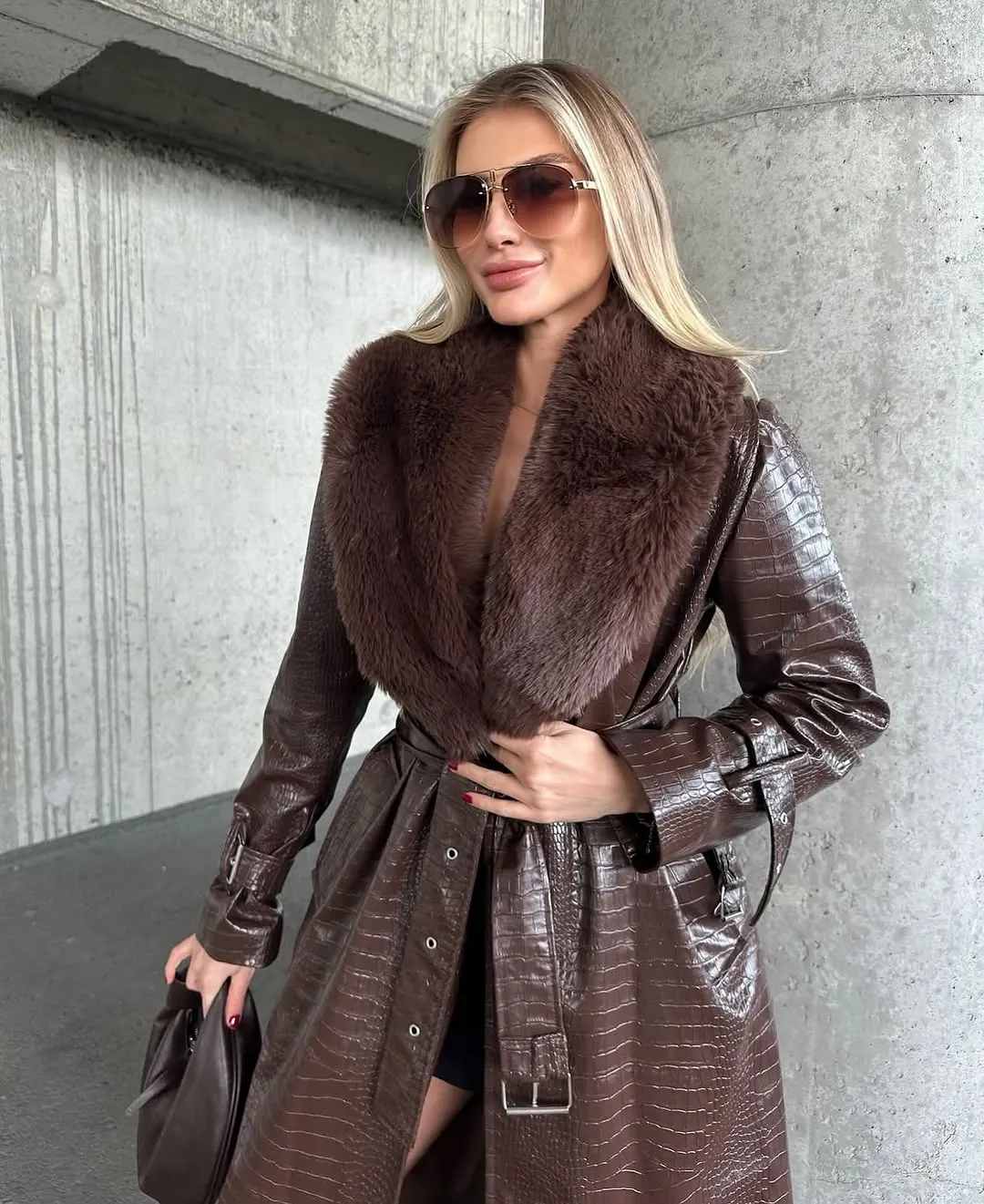Women's Brown Faux Leather Trench Coat with Fur Collar