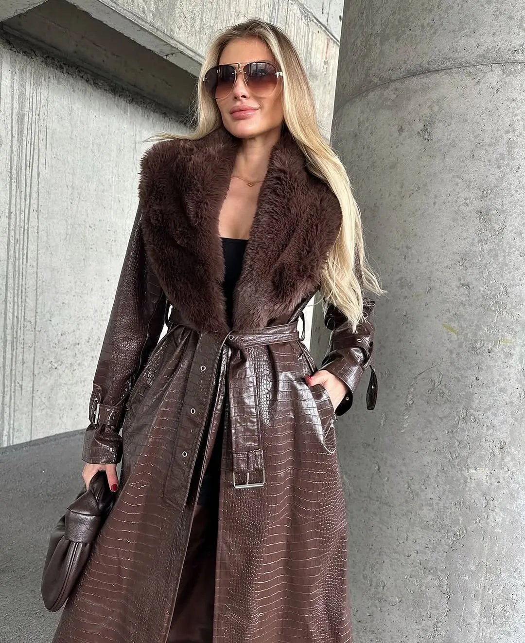 Women's Brown Faux Leather Trench Coat with Fur Collar